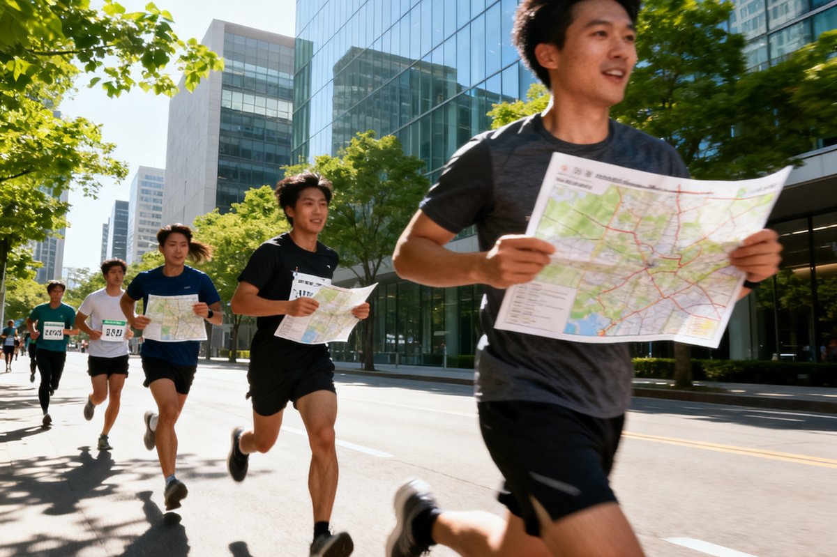 一组参赛者手持地图在城市街道中奔跑寻找打卡点，背景是现代城市建筑群与绿树成荫的街道