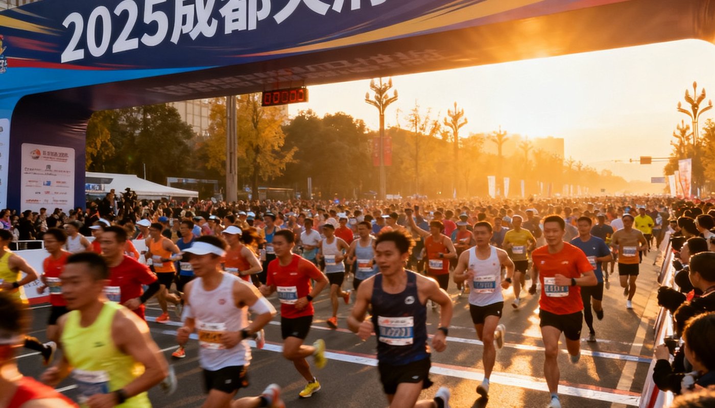 2025成都天府马拉松起跑瞬间，两万余名选手在晨曦中冲出起点，赛道上方悬挂着巨大的赛事横幅